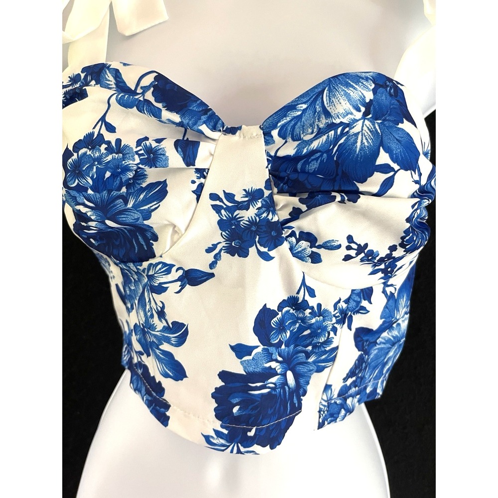 Floral Blue and White Sweetheart Milkmaid Coquette Corset Crop Top S Soft Girl